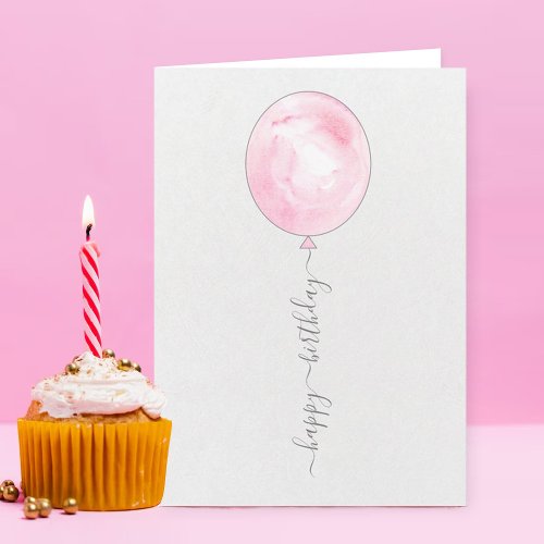 Minimalist Pink Watercolor Balloon Happy Birthday Card