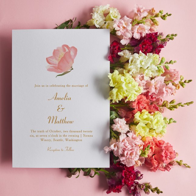 Minimalist Pink Watercolor Flower Classic Wedding Invitation (Creator Uploaded)