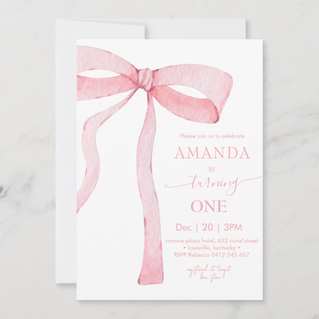 Minimalist Pink Watercolor Ribbon Birthday Invitation (Front)
