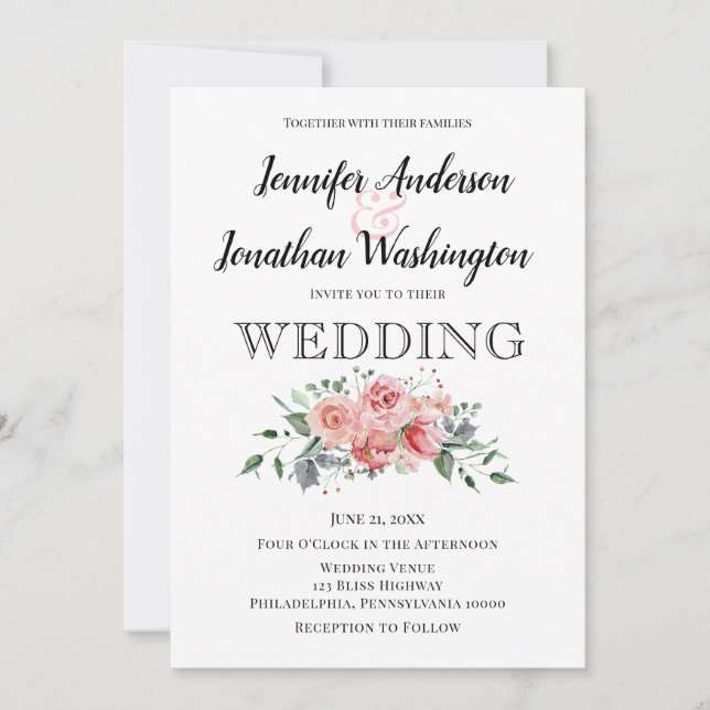 Minimalist Pink Watercolor Rose Bouquet Announcement (Front)