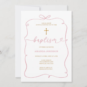 Minimalist Pink Whimsical HandDrawn Girl Baptism Invitation