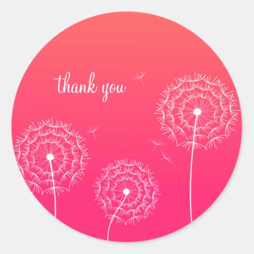 Minimalist Pink White Dandelion Flower Thank You  Classic Round Sticker