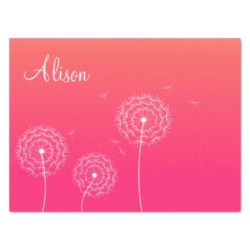 Minimalist Pink White Dandelion Name Cute Floral  Tissue Paper