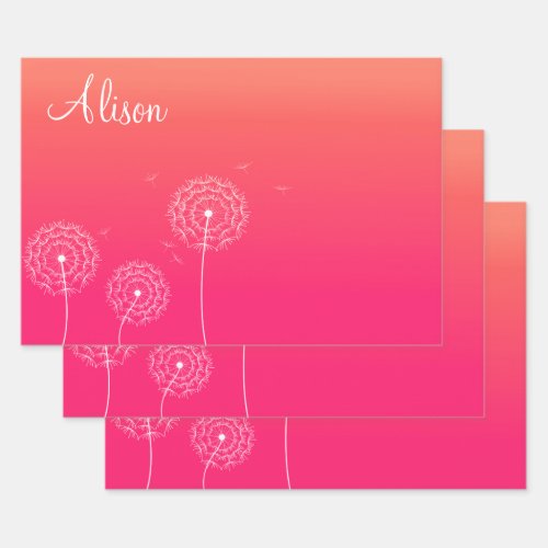 Minimalist Pink White Dandelion Name Cute Floral  Wrapping Paper Sheets