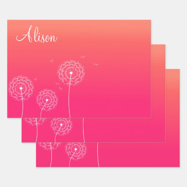Minimalist Pink White Dandelion Name Cute Floral  Wrapping Paper Sheets (Set)