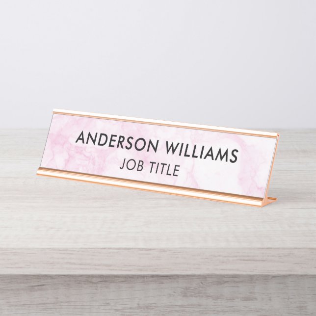 Minimalist Pink White Marble Custom Desk Name Plate (Front)