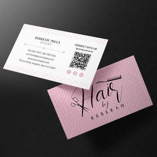 Minimalist Pink White Pattern Hairstylist QR Code Business Card