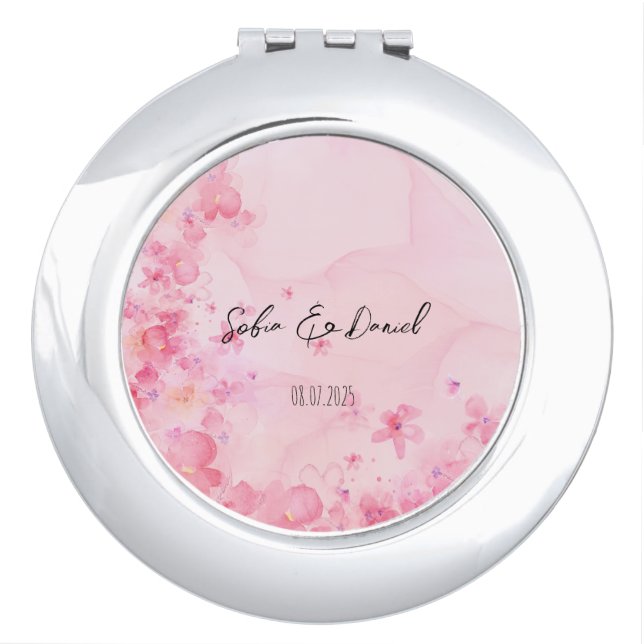 Minimalist pink wildflower wedding compact mirror (Front)
