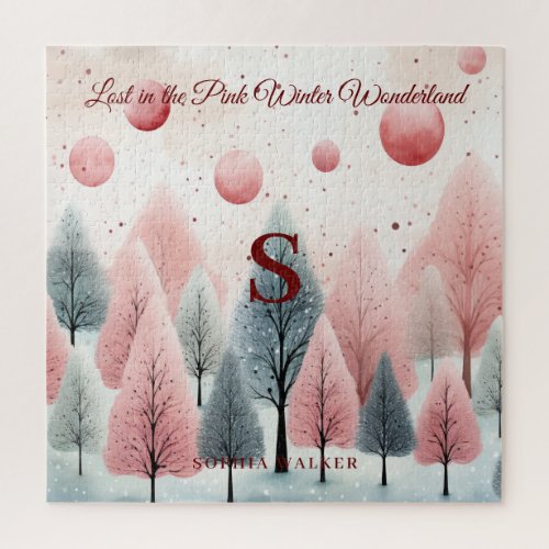 Minimalist Pink Winter Forest Wonderland Monogram Jigsaw Puzzle