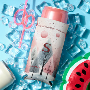 Minimalist Pink Winter Forest Wonderland Monogram Seltzer Can Cooler