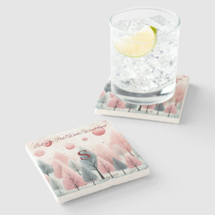 Minimalist Pink Winter Forest Wonderland Monogram Stone Coaster