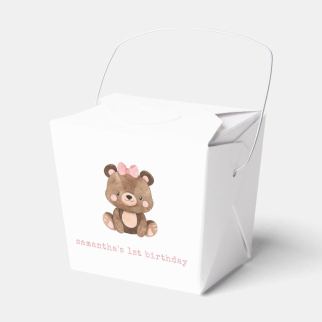 Minimalist Pink Woodland Bear Birthday Favor Box (Front Side)
