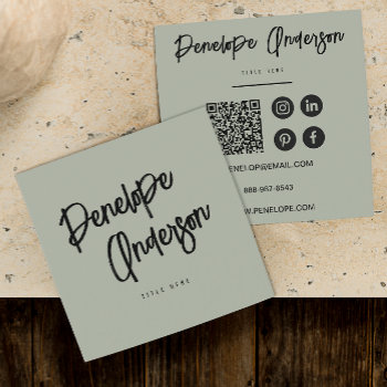 Minimalist Pistachio Green Qr Code Modern Boho Square Business Card by marshopART at Zazzle