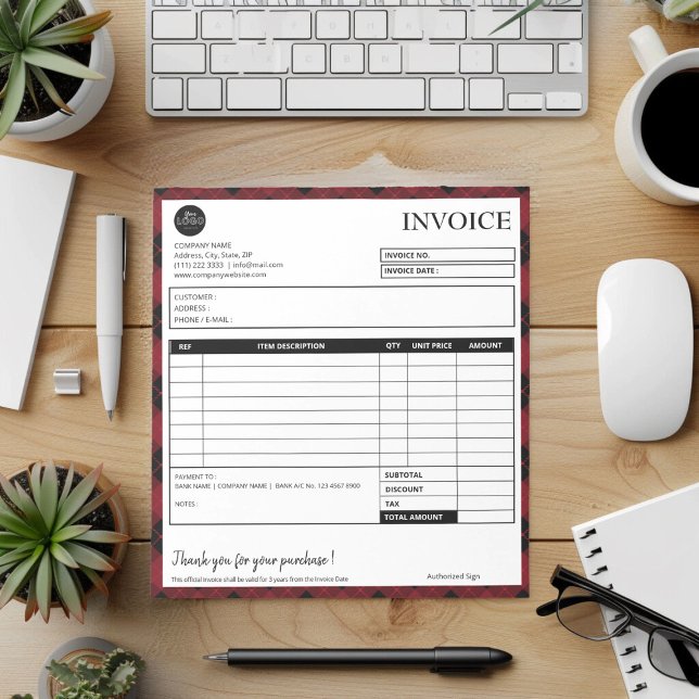 Minimalist Plaid Border Business Invoice Template Notepad (Minimalist plaid border festive invoice template)