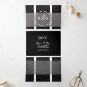 Minimalist Plaid Gray White Ring Logo Wedding Tri-Fold Invitation