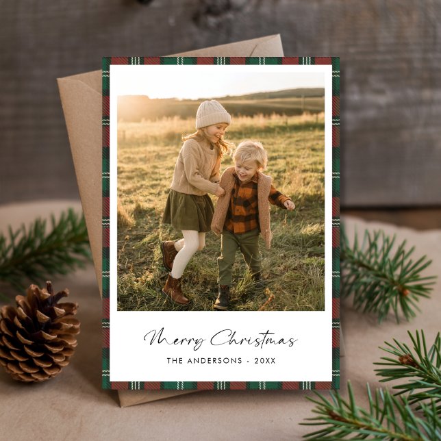 Minimalist Plaid Merry Christmas Family Kids Photo Holiday Card (Creator Uploaded)