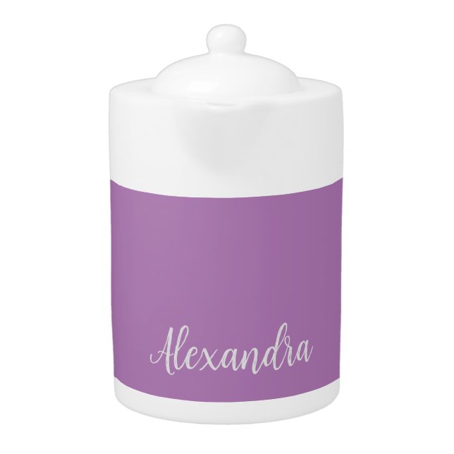 Minimalist Plain Add Name Lavender Calligraphy Teapot (Front)