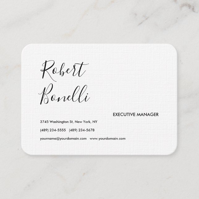Minimalist Plain Black & White Modern Lovely Linen Business Card (Front)