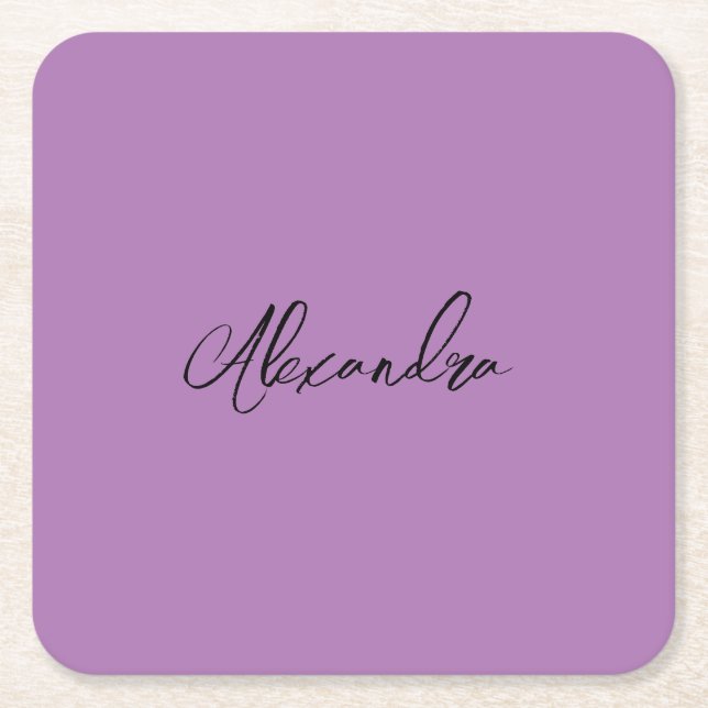 Minimalist Plain Calligraphy Own Name Lavender Square Paper Coaster (Front)