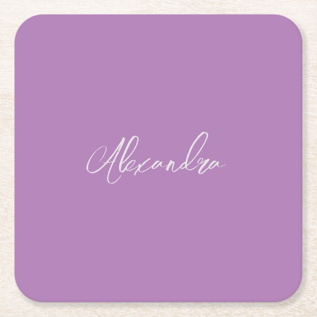 Minimalist Plain Calligraphy Own Name Lavender Square Paper Coaster (Front)