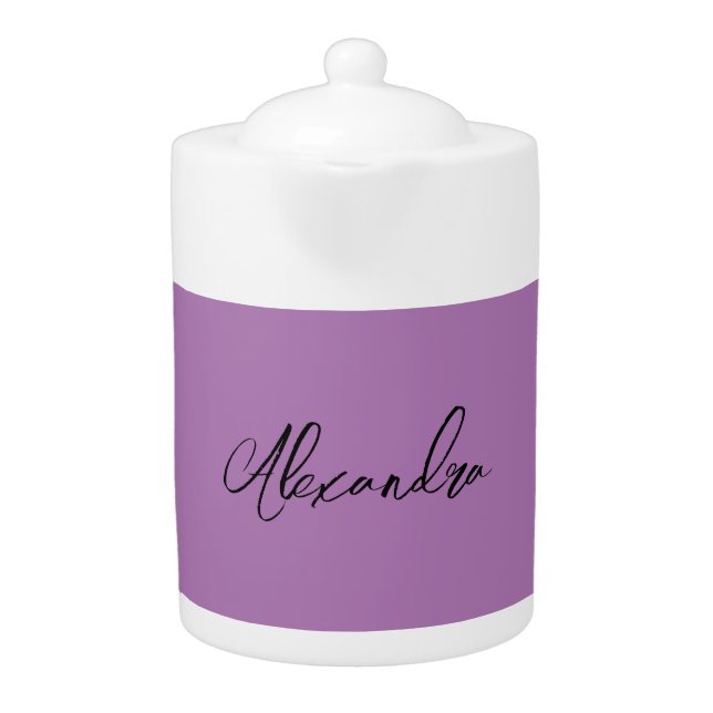 Minimalist Plain Calligraphy Own Name Lavender Teapot (Front)