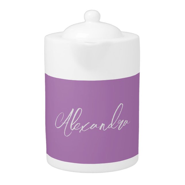 Minimalist Plain Calligraphy Own Name Lavender Teapot (Front)