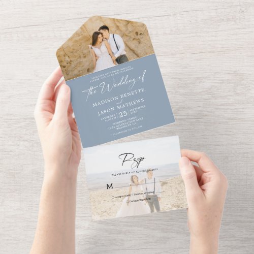 Minimalist Plain Dusty Blue 2 Photo Rsvp Wedding All In One Invitation