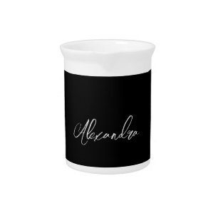 Minimalist Plain Handwritten Own Name Black Beverage Pitcher
