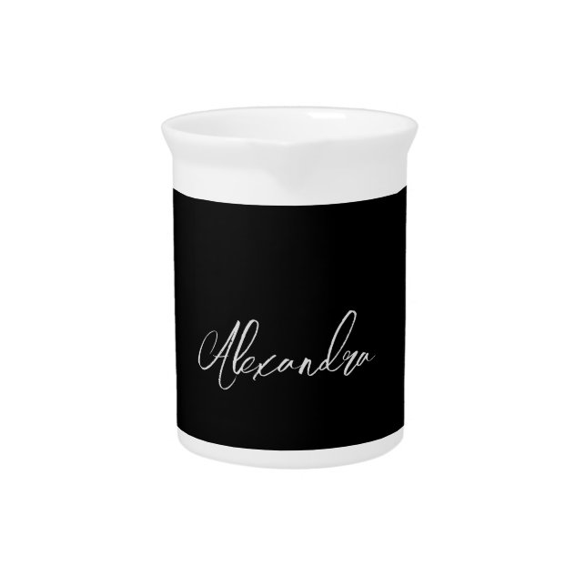 Minimalist Plain Handwritten Own Name Black Beverage Pitcher (Front)