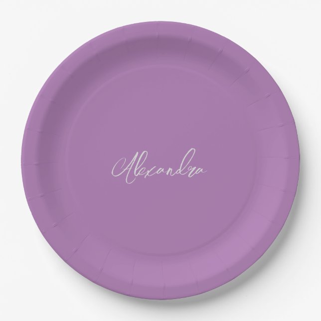 Minimalist Plain Handwritten Own Name Lavender Paper Plates (Front)