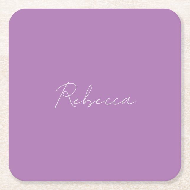 Minimalist Plain Handwritten Own Name Lavender Square Paper Coaster (Front)