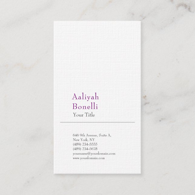 Minimalist Plain Modern Professional Purple White Business Card (Front)