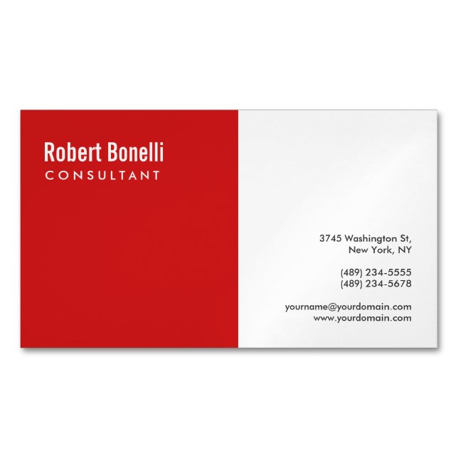 Minimalist Plain Red White Modern Business Card Magnet (Front)