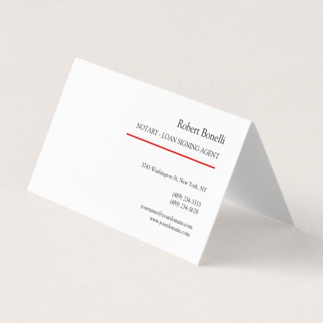 Minimalist Plain Red White Modern Notary  Business Card (Front)