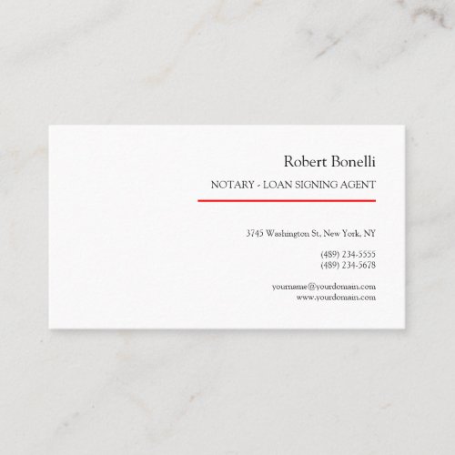 Minimalist Plain Red White Modern Notary  Business Card