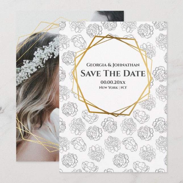 Minimalist plain rose black white gold photo save the date (Front/Back)