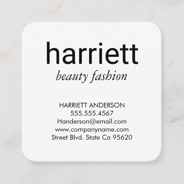 Minimalist Plain White with Cursive Text Square Business Card (Front)