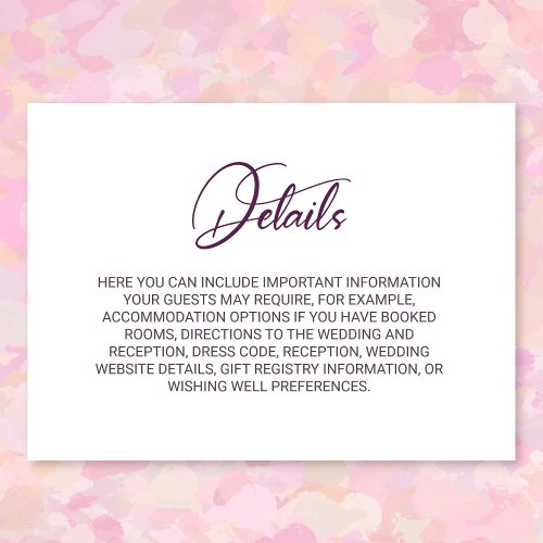 Minimalist Plum Pink Text Wedding Details Enclosure Card