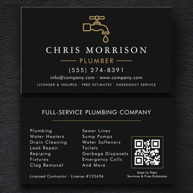 Minimalist Plumber Black Gold QR Code Business Card (Creator Uploaded)
