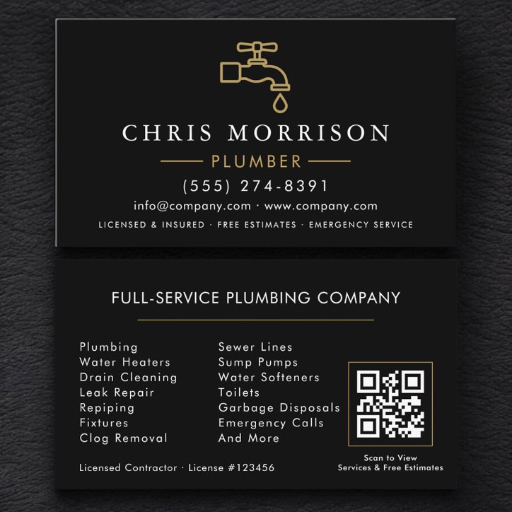 Minimalist Plumber Black Gold QR Code Business Card