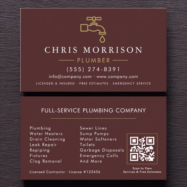 Minimalist Plumber Burgundy Gold QR Code Business Card (Creator Uploaded)
