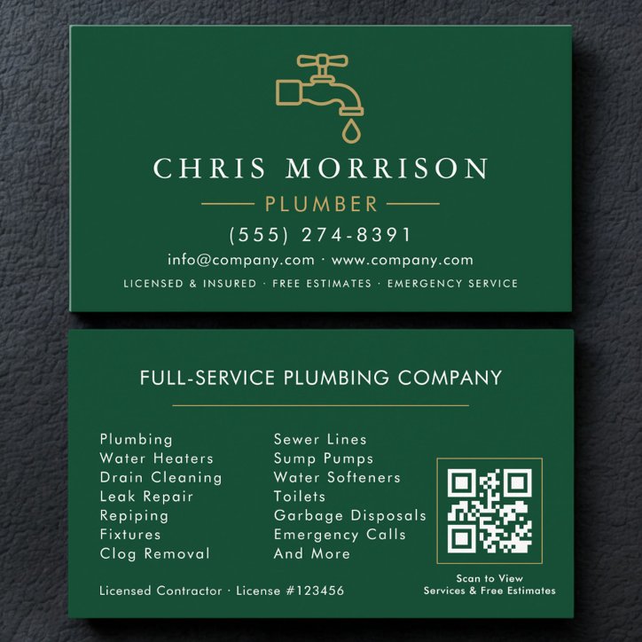 Minimalist Plumber Green Gold QR Code Business Card
