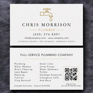 Minimalist Plumber White Gold QR Code Business Card