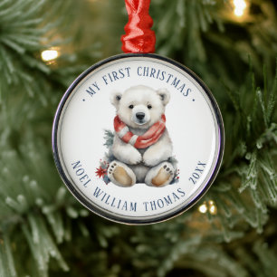 Minimalist Polar Bear Baby's First Christmas Metal Ornament