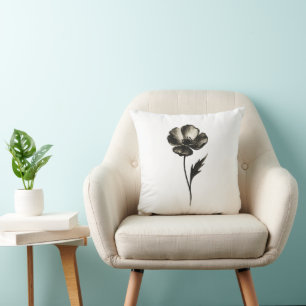 Minimalist Poppy – Monochrome Botanical Ink Art on Throw Pillow