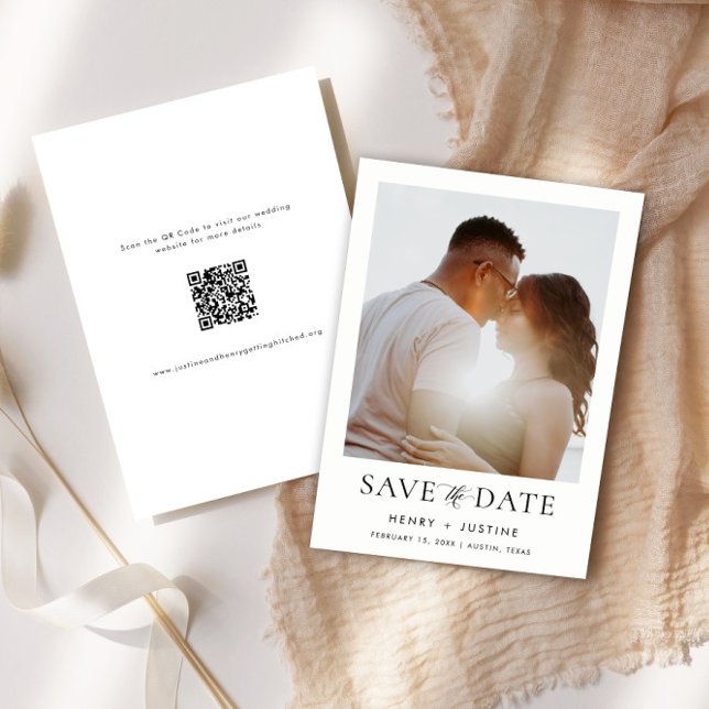 Minimalist Portrait Photo and QR Code Wedding Save The Date (Minimalist portrait orientation Save the Date with photo and QR Code)