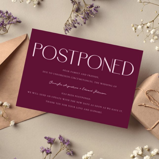 Minimalist Postponed Wedding Update Cranberry Invitation (Creator Uploaded)