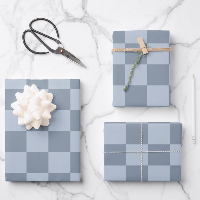 Minimalist Powder Blue Checkerboard Pattern Wrapping Paper Sheets (Front)