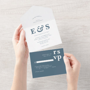 Minimalist Prep Chic Dusty Blue Monogram Wedding All In One Invitation