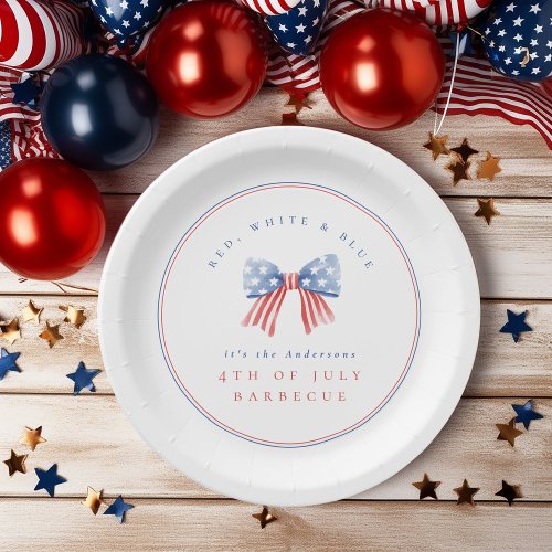 Minimalist Preppy USA Watercolor Bow July 4th BBQ Paper Plates